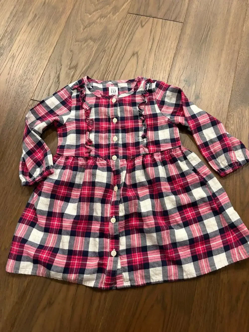 Baby Gap Plaid Ruffled Button-Down Toddler Dress, Pink/Navy, Size 2 Years
